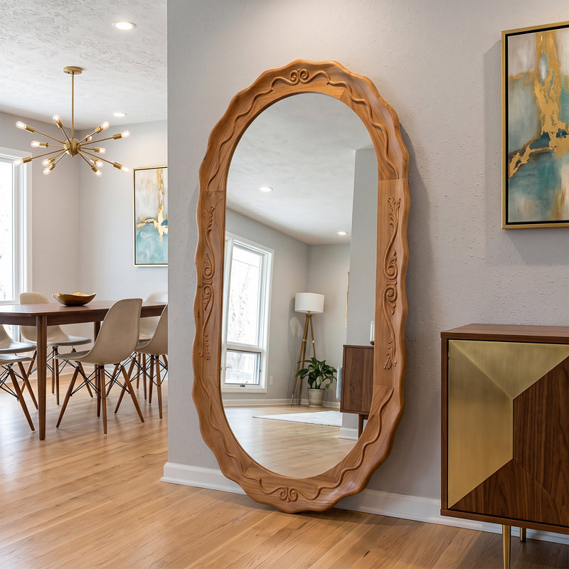 Miroir pleine grandeur texturé ovale en bois naturel