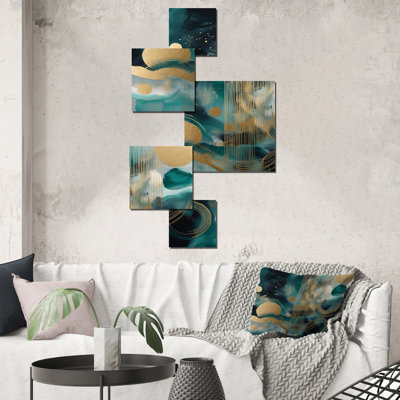 Vivid Emeral And Gold Contours Circles III - Abstract Shapes Square Wall Art Set Of 5