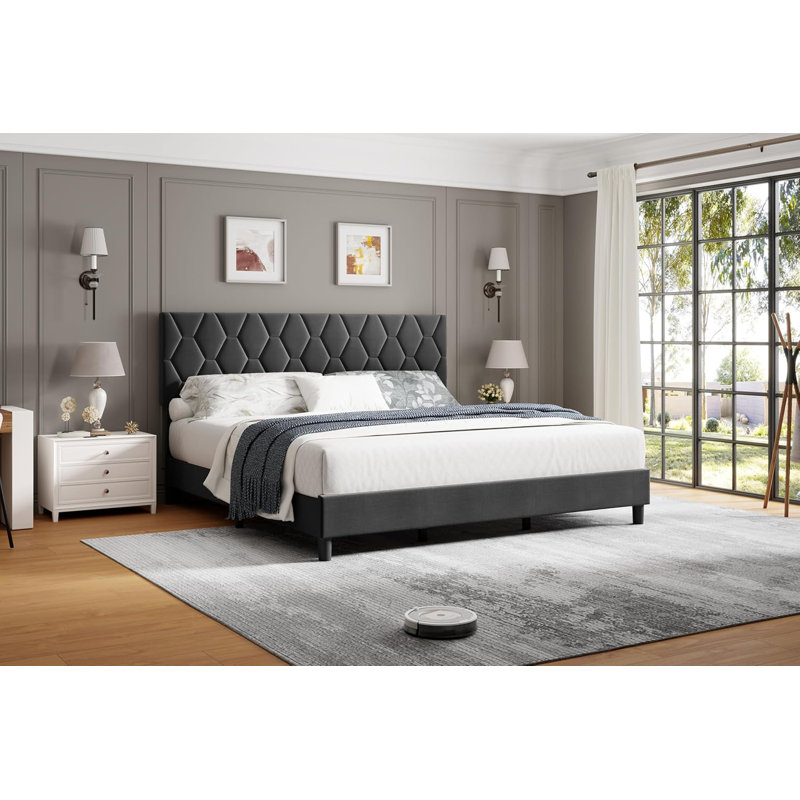Très grande base de lit tapissier, lattes de bois robustes, silencieux, gris, Gris, Très grand lit