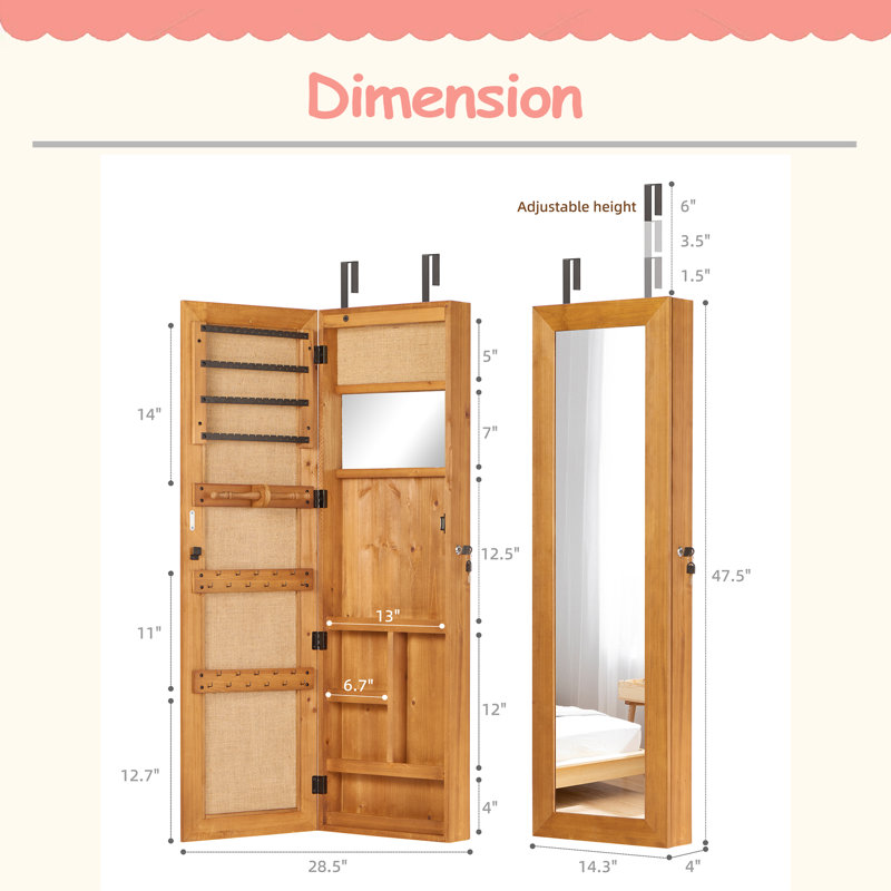 Armoire pour armoire à bijoux en bois massif avec miroir pleine grandeur, verrouillable au mur 47,5 x 14,3 po avec lumière DEL