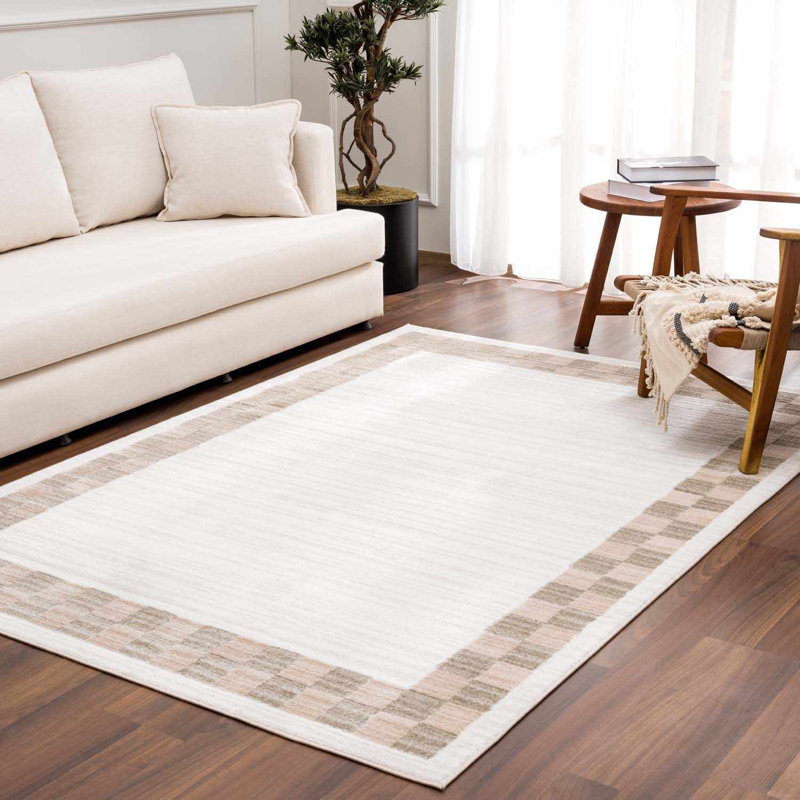 Tapis beige à bordure géométrique moderne lavable à la machine Bakersfield, Rectangle 7 pi 10 po x 10 pi