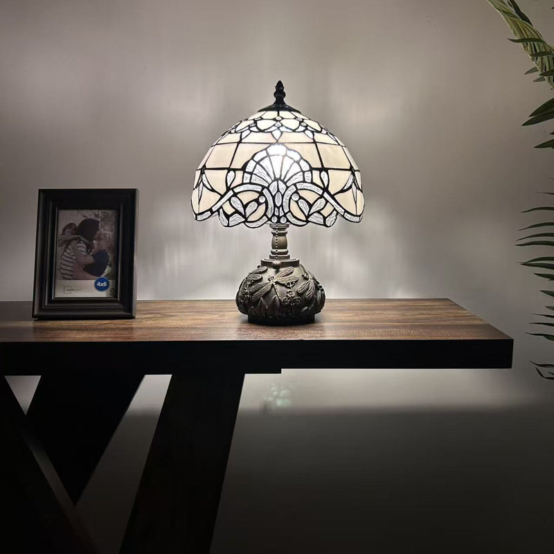 Simonetti Tiffany Table Lamp Stained Glass Baroque Style Lavender LED Bulb Dragonfly Base 10"W*10"D*14"H*, Beige/White