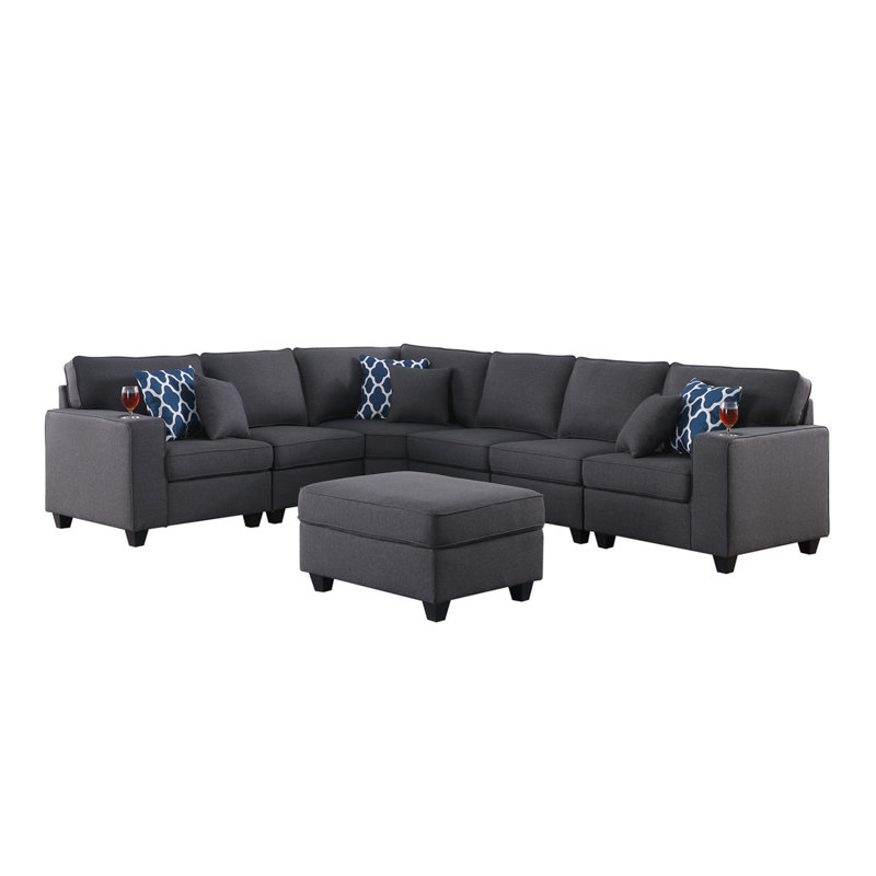 Canapé modulaire en L gris foncé de 7 po avec repose-pieds et porte-gobelet Cooper, Gris foncé