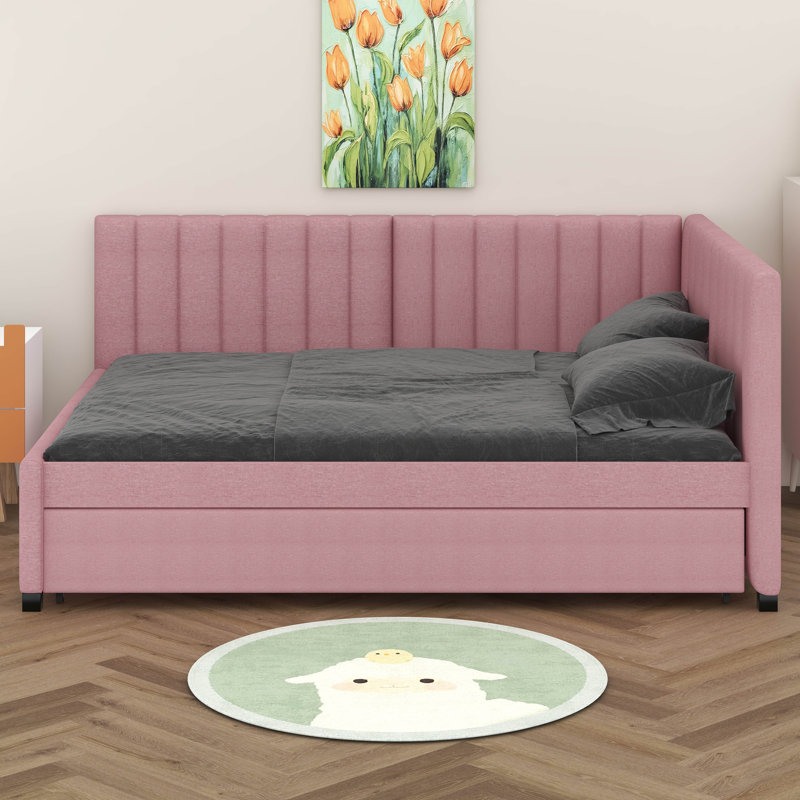 Full Size Upholstered Daybed With Trundle, Pink