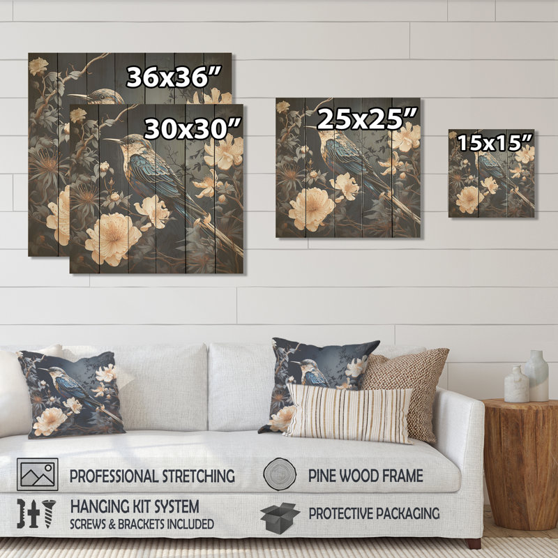 «Midnight Floral Bird Melody III - Colibri sur bois», H 25 po x l 25 po