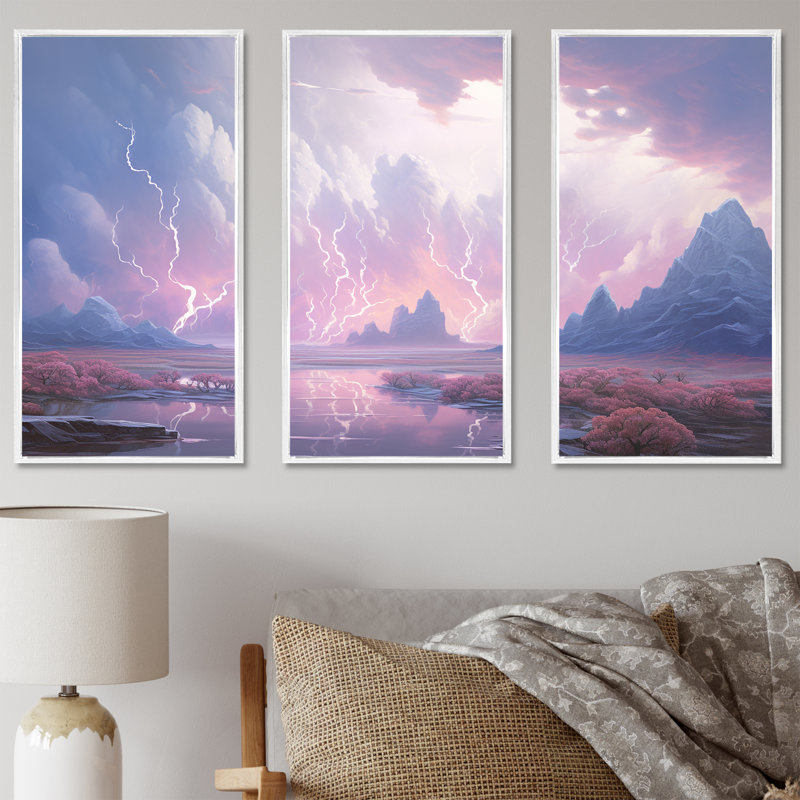 «Kawaii Lightning Landscape I - Lightning», ensemble d'art mural, Cadre flottant blanc, H 32 po x l 48 po x P 1 po