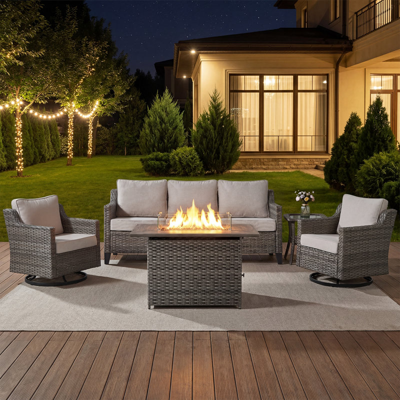 Arlene 5 Person Outdoor Wicker Sofa Conversation Set With Swivel Chairs, Fire Pit Table & Side Table, Beige
