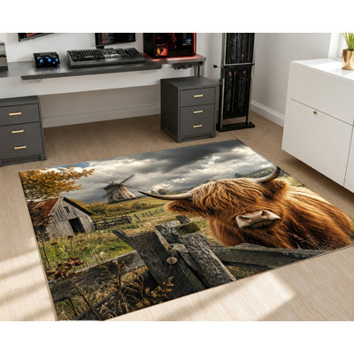 Tapis Highland Cow Farm Landscape, scène de moulin à vent de grange rustique, conception artistique de la nature, tapis antidérapant, décoration intérieure décorative pour salon, chambre à coucher, salle à manger, cuisine, entrée, patio