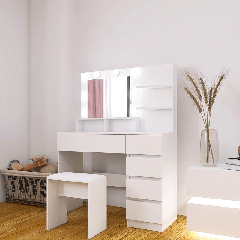Coiffeuse de maquillage blanche moderne avec miroir et luminosité réglable, 4 tiroirs, bureau de rangement supplémentaire, 3 éclairages, espace généreux,