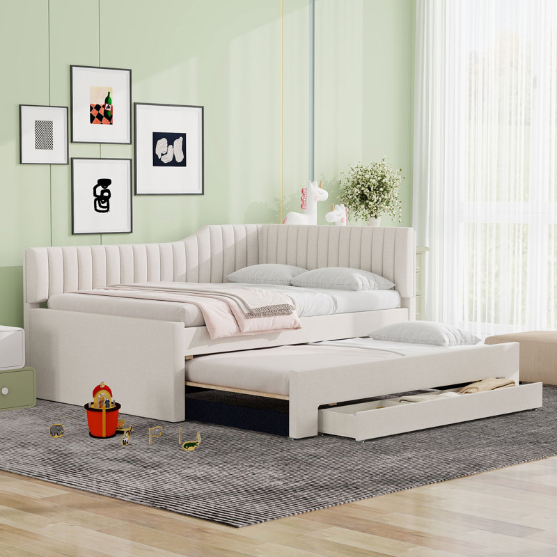 Lit de jour rembourré beige avec lit gigogne et tiroirs, Beige