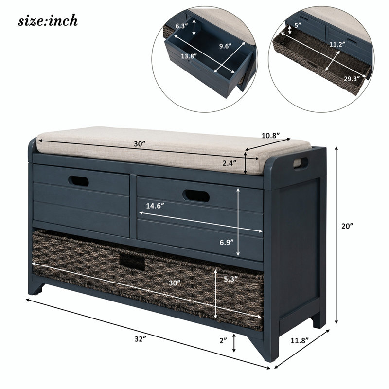 Versatile Use Wood Shoe Storage Bench with Removable Basket and 2 Drawers, Navy