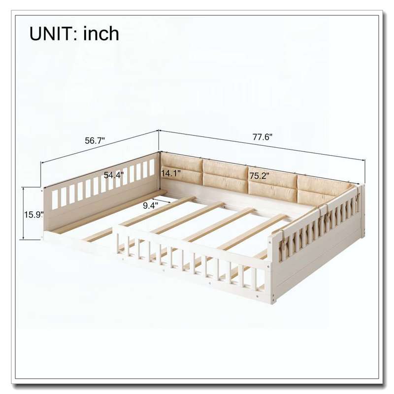 Lit plateforme tapissier en bois pleine grandeur avec garde-corps et coussin, Beige