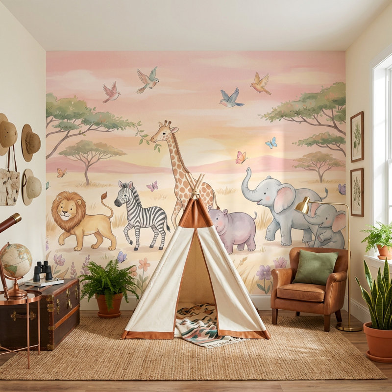 Papier peint animaux pastel Safari, 140" x 108", Peler et coller