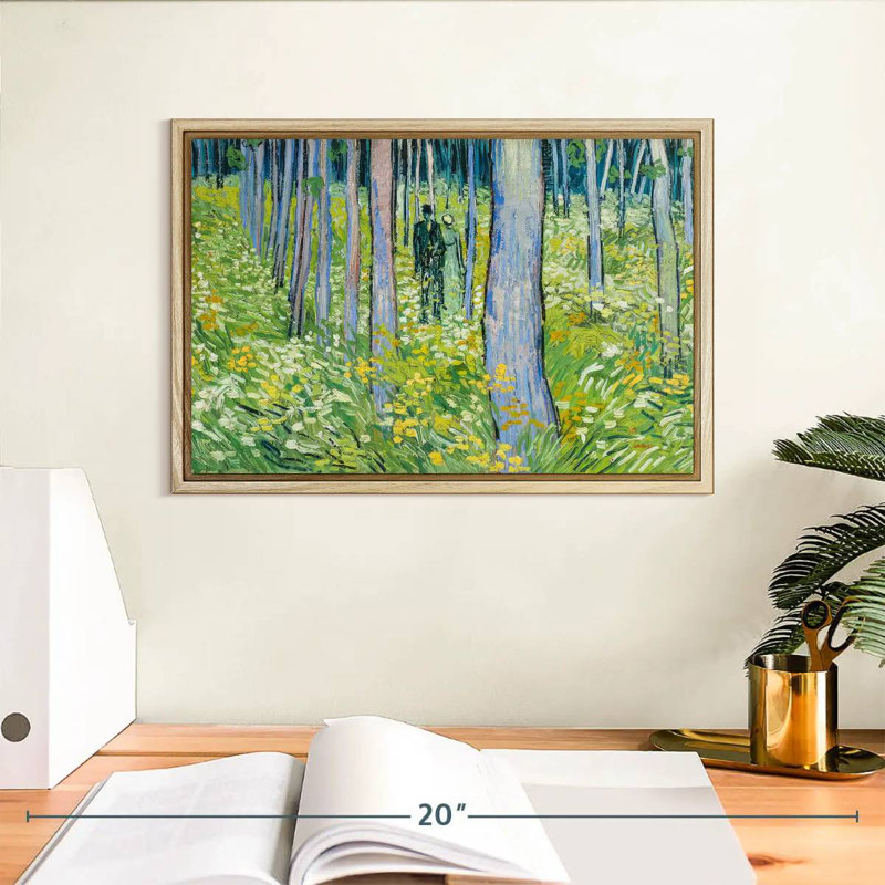 Sous-bois avec deux personnages, Cadre flottant en bois naturel, 13 po x 9 po