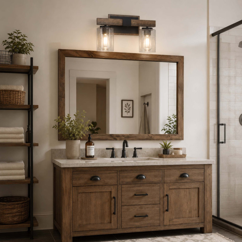 Luminaire pour salle de bain ou applique murale en noyer noir 2 lumières avec abat-jour cylindrique en verre bullé transparent