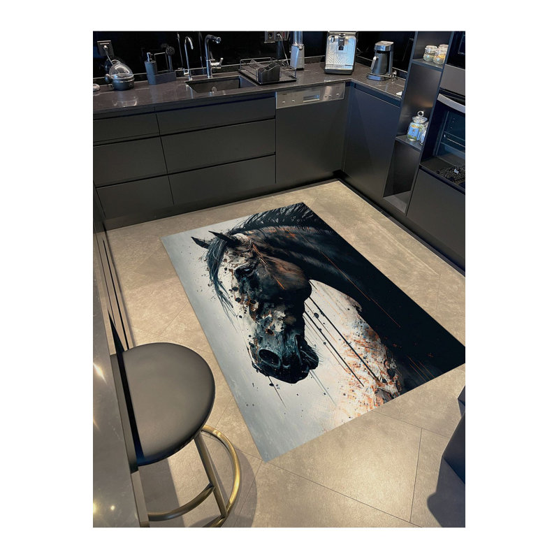 Tapis décoratif moderne abstrait à motif de cheval noir à motif abstrait, Sous-tapis rectangulaire de 3 pi 3 po x 4 pi 11 po