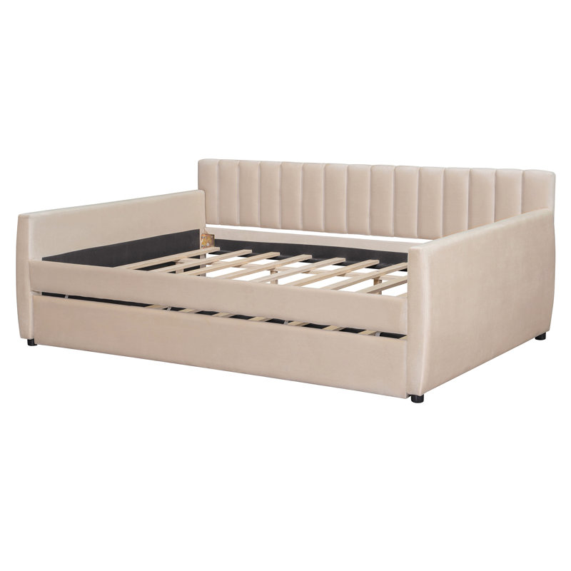 Full Size Upholstered Daybed With Trundle And Wood Slat Support, Beige