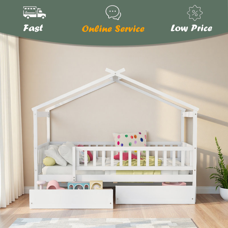 Lit simple en bois avec deux tiroirs, Blanc