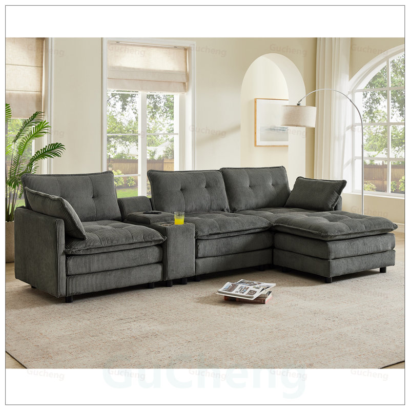 L-Shaped Oversized Corduroy Modular Sectional Sofa with 1 Ottoman and Multi-Functional Console, 4-Seater Upholstered Couch with USB and 2 Cup Holders, Easy Assembly, for Living Room