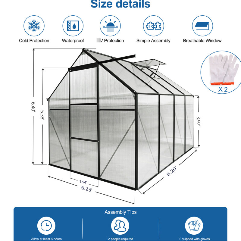 Serre de plain-pied avec insecte - Toit réglable tout temps pour contrôler le soleil, H 78,84 po x l 74,83 po x P 98,24 po