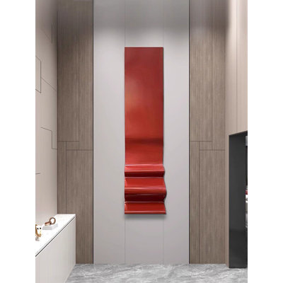 Modern Minimalist Glossy Metal Wall Sculpture, Vertical Bright Red Folded Ribbon 3D Wall Decor for Entryway Background Wall