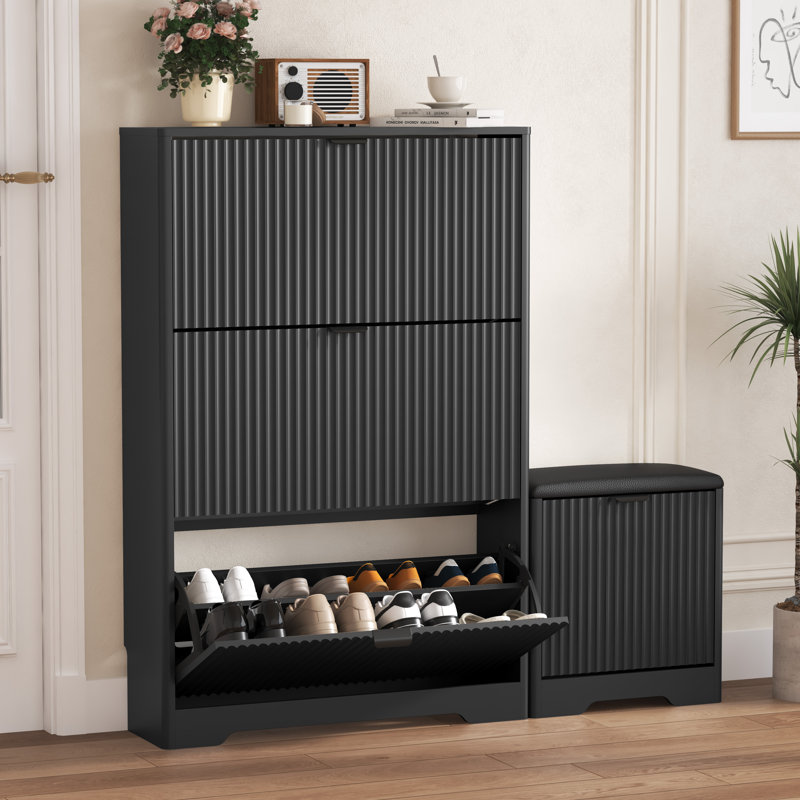 47-inch Three-Door Shoe Cabinet with Built-in Bench and Three Flip-Top Drawers Anti-tip and waterproof design Ideal for compact living spaces