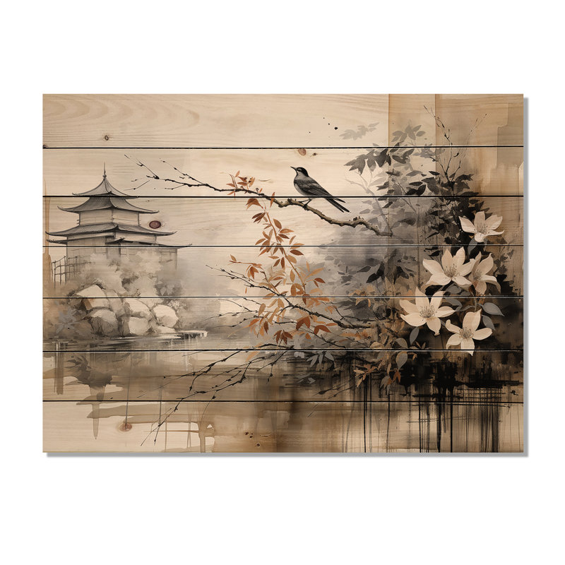 «Asian Art Sumi Bird Serenity I», reproduction asiatique sur bois de pin naturel, H 30 po x l 40 po x P 0,78 po