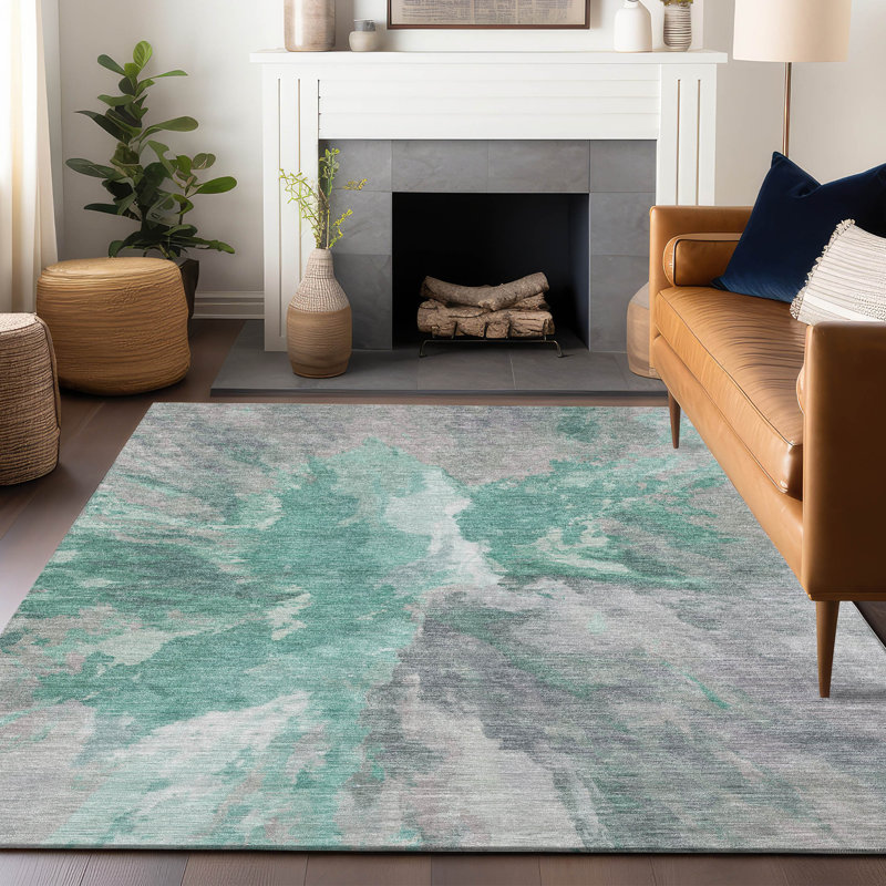 Theodara Teal Washable Indoor-Outdoor Rug - LOOMLAN, 10' x 14'