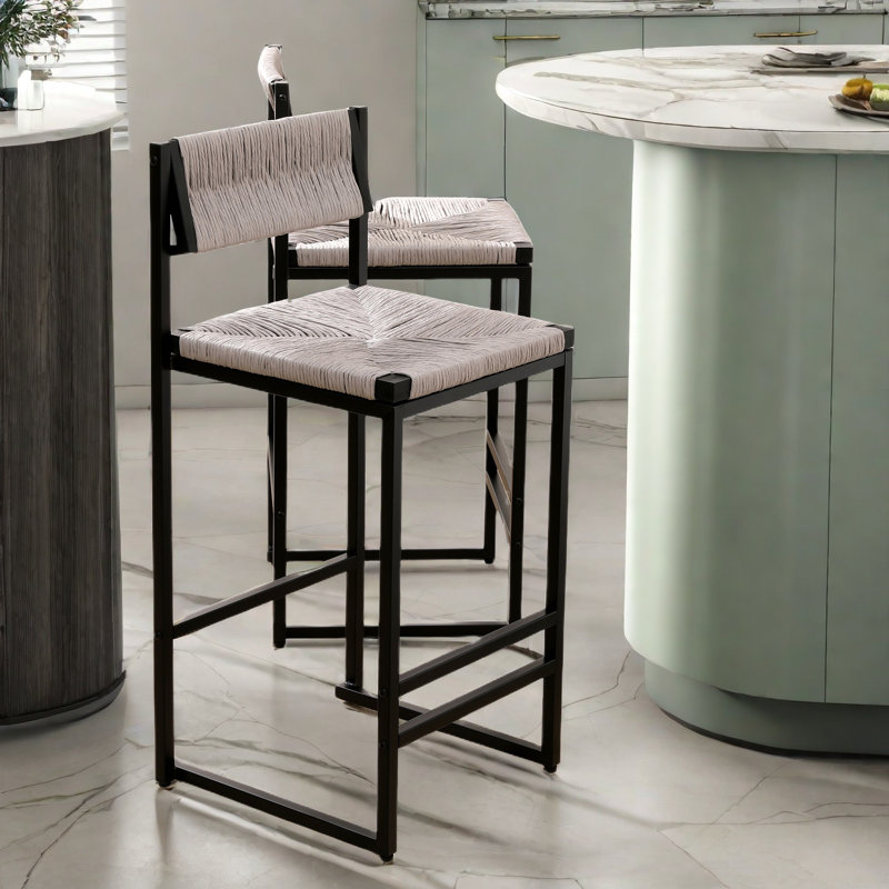 Bar Stools Set Of 2 Paper Rope Weave Dining Chairs And Metal Frame, Gray
