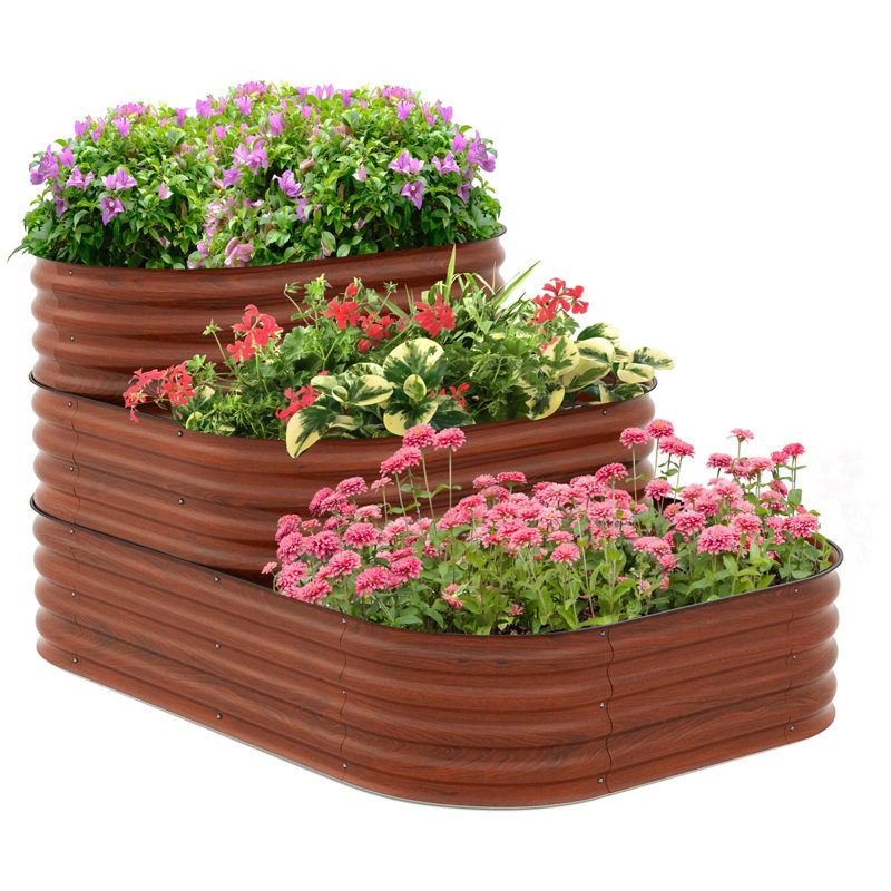 3 Tier Galvanized Steel Raised Garden Bed with Open Bottom, Brown