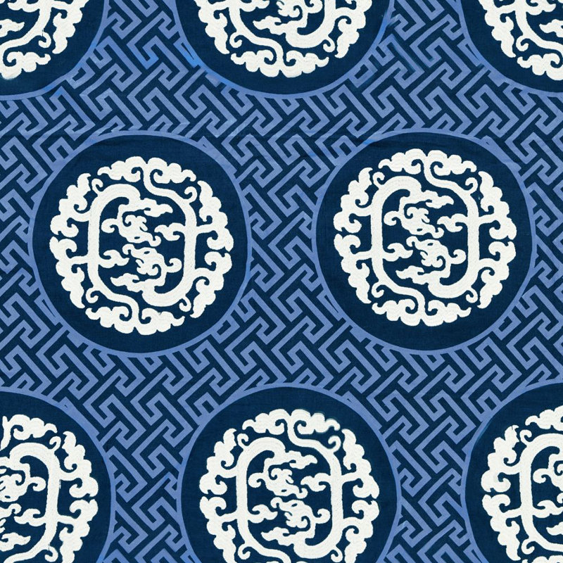 Chinois Chic Dragon's Fret Embroidery Fabric, Midnight