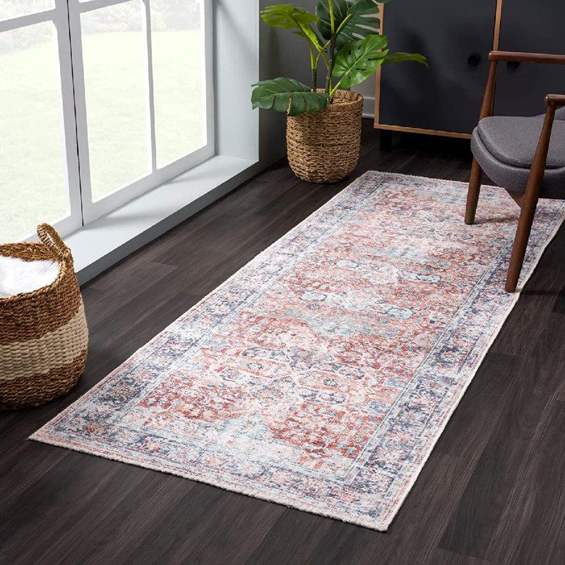 Tapis traditionnel lavable antidérapant - brique / bleu foncé , Tapis de couloir 2 pi 6 po x 7 pi