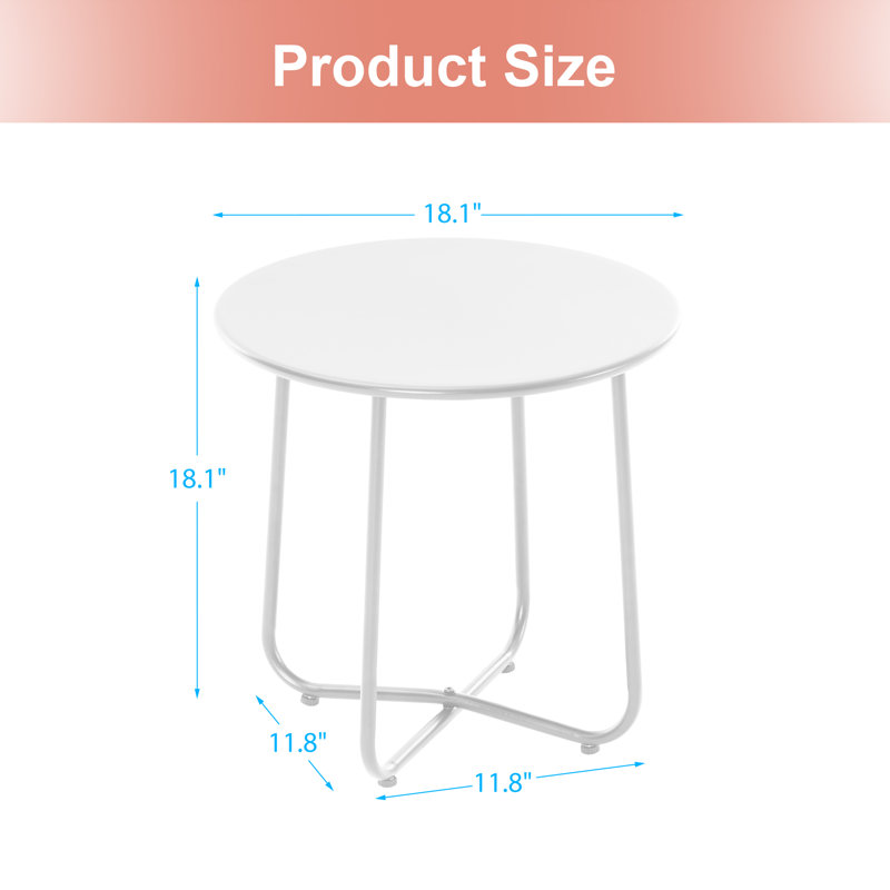 Ebern Designs Steel Patio Side Table, Weather Resistant Outdoor Round End Table for Room, Bedside, Porch, White
