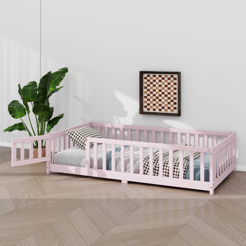Lit de plancher avec porte et clôture avec garde-corps de sécurité, Simple, Rose