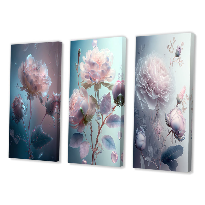 «Ethereal Soft Blossoming Pink Rose», 3 pièces sur toile, H 28 po x l 36 po, Toile tendue