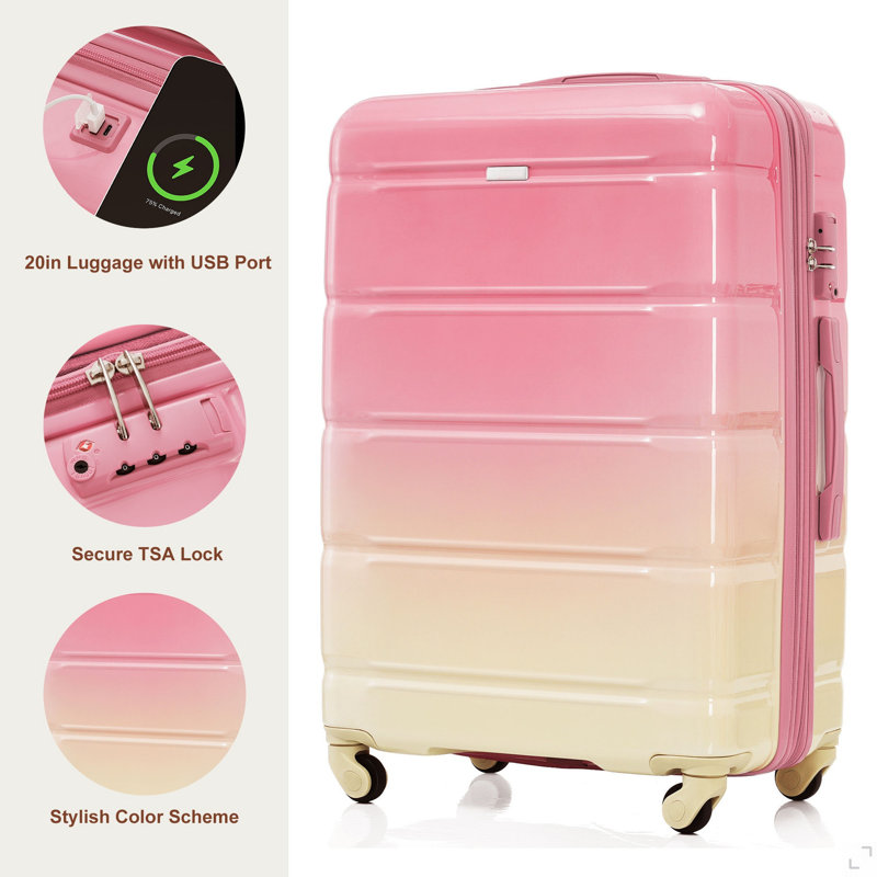 Ensembles de bagages 5 pièces, 20 pouces avec port USB, valise durable en ABS avec sac de voyage, bagage rigide en ABS + PC avec roues pivotantes
