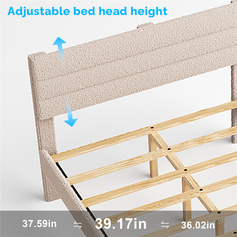 Bed Frame With Boucle Upholstered Headboard, Platform Bed, Queen