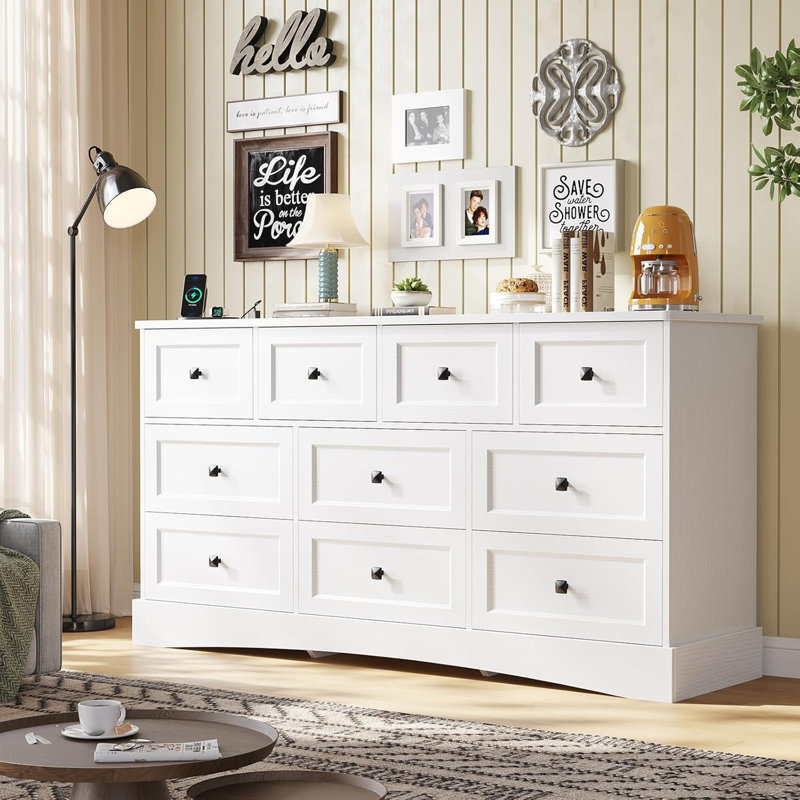 Bedroom Dresser with 10 Drawers, 55.2" Long Dresser TV Stand with Charging Station, Farmhouse Dresser Chest of Drawers, Large Wood Storage Tower