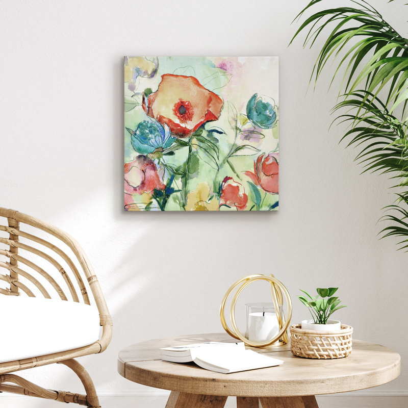 16x16 Watercolor Floral Canvas Wall Art with Hand-Painted Accents - Gallery Wrap - Coral, Teal, Lavender, and Soft Green - Modern Wall Art