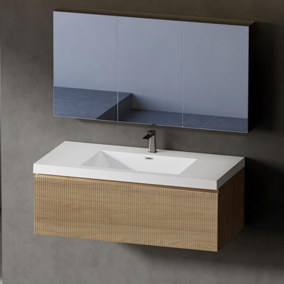 Floating Bathroom Vanity Modern Wall-Mounted Striped Single/Double Bathroom Storage Cabinet with 2 Soft-Close Drawer, Integrated Stone Basin