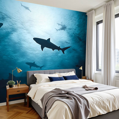 Peler et coller le papier peint Silhouettes de requins sous l'eau sous l'eau vive des peintures murales H 100 po x l 144 po Papier peint amovible en PVC auto-adhésif, décoration murale pour le salon de la chambre à coucher