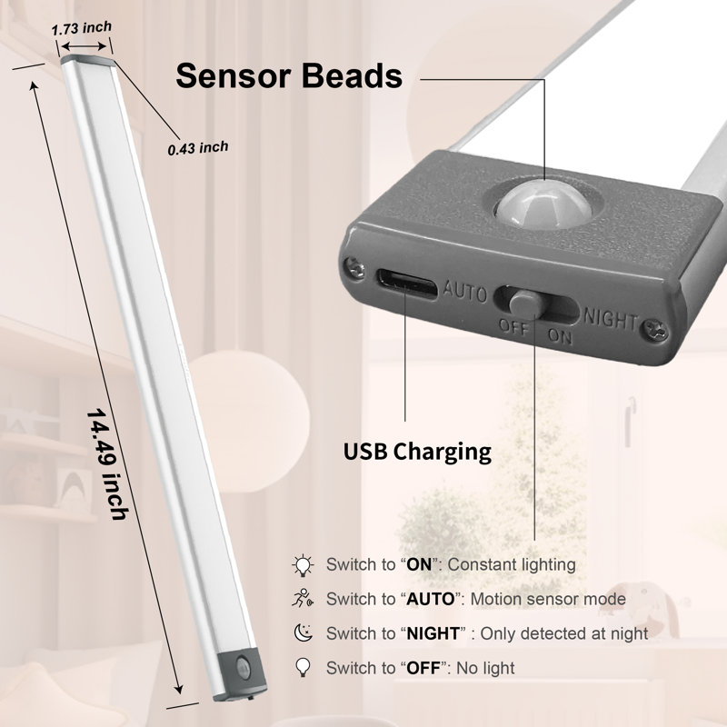 Capteur de mouvement sans fil à DEL 62,4 po 14 po LEPOTET rechargeable, Tiède