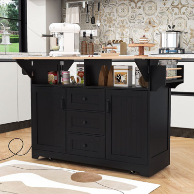 Chike Wooden  Kitchen Island Cart with Built-in Charging Station, Two Drop Leaf and Ample Storage