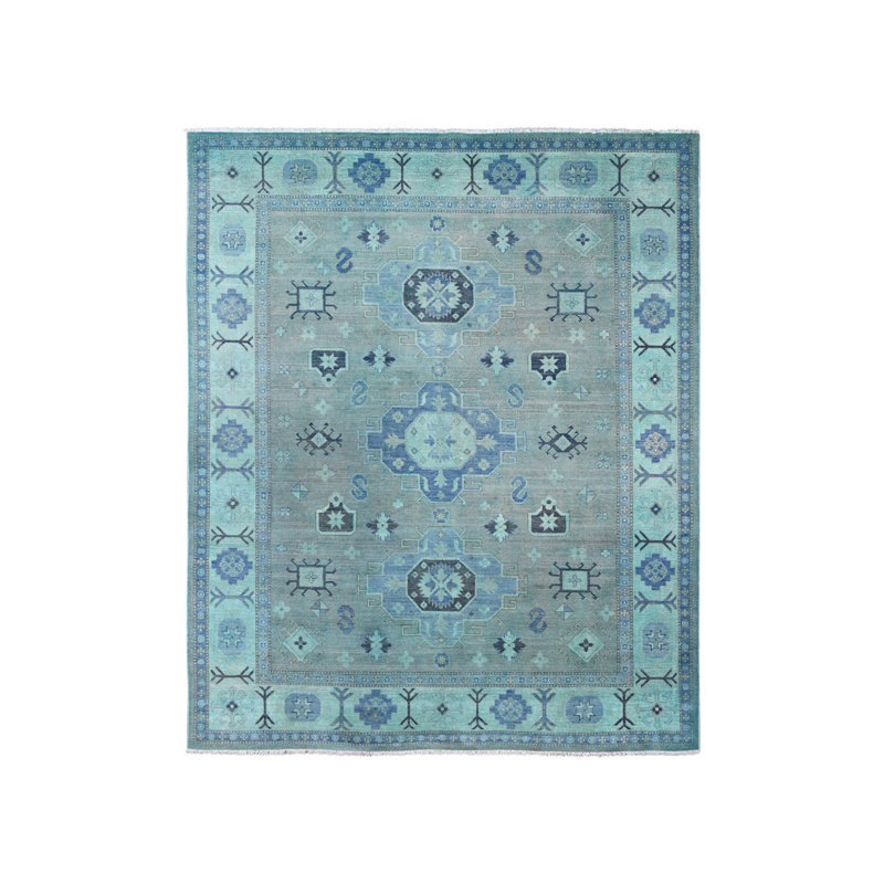 Tapis bleu en laine noué à la main de style médaillon Kazak 7 pi 9 po x 9 pi 6 po 34B78C0EB01D456C8C88917C409CE386