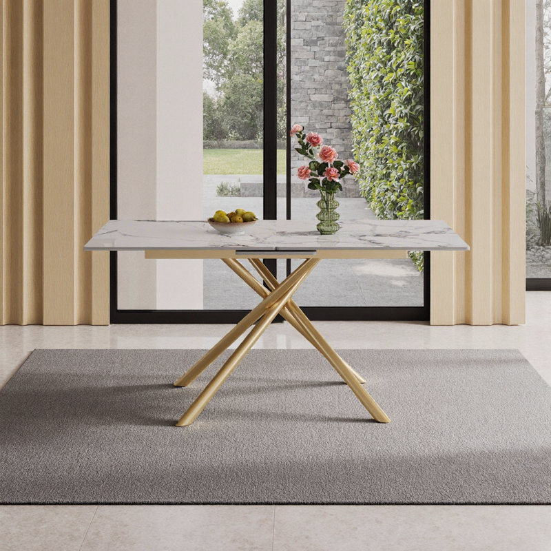 Table de salle à manger rectangulaire moderne extensible avec rallonge rétractable - Plateau en pierre frittée robuste et base en X pour les petits espaces