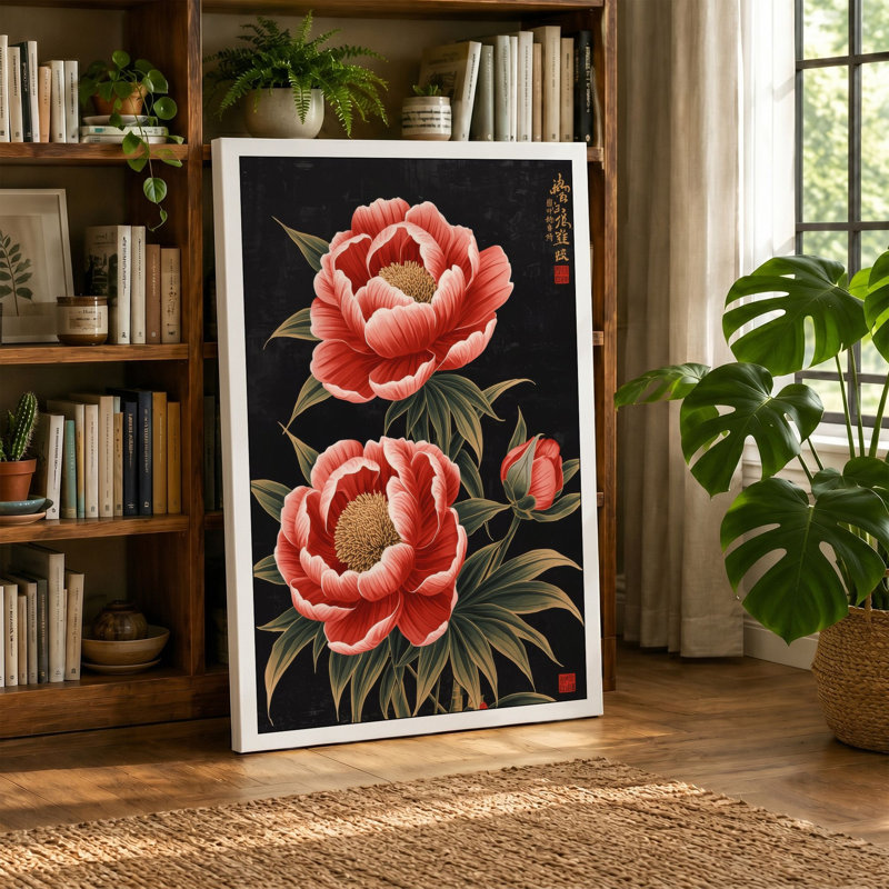 Peonies in Bloom Japandi - Wrapped Canvas, 36x24 - 91.4 x 61.0 cm, Sage Border