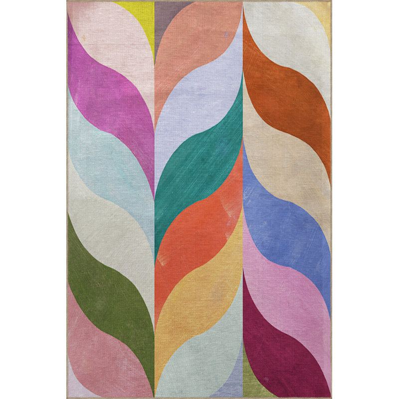 Multi-Colored Abstract Wavy Shape Patterned Modern Decorative Rug, Runner 3'3.37" x 6'6.74"