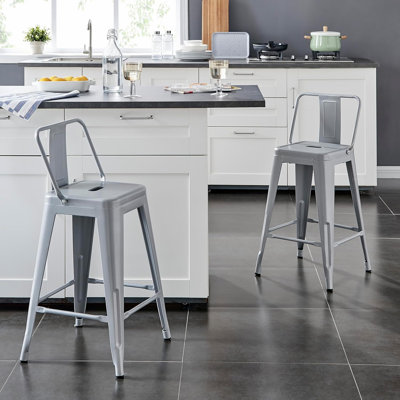 Tabourets de bar modernes, légers, industriels, contemporains, rustiques, rétro, en métal, avec dossier et 4 pattes, tabourets de bar (ensemble de 2) (siège de 24 po, blanc vieilli)