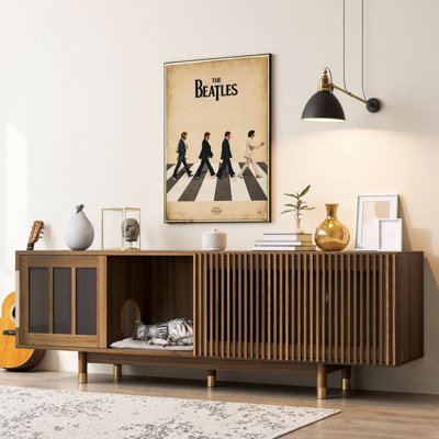 Mid Century Modern 74 Inch Walnut TV Stand with Sliding Flip Down Glass Door Cat House Litter Box and Sisal Scratcher Board