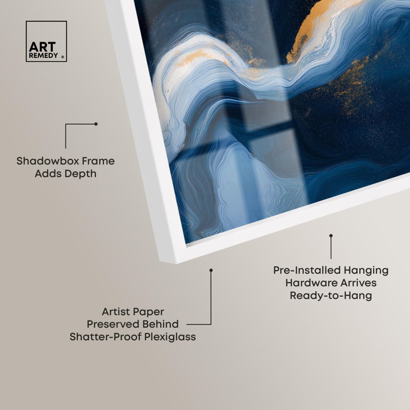 «Glam Blue and Gold Gallery», ensemble d'art mural Shadowbox Blue par Art Remedy, H 55 po x l 37 po, Blanc